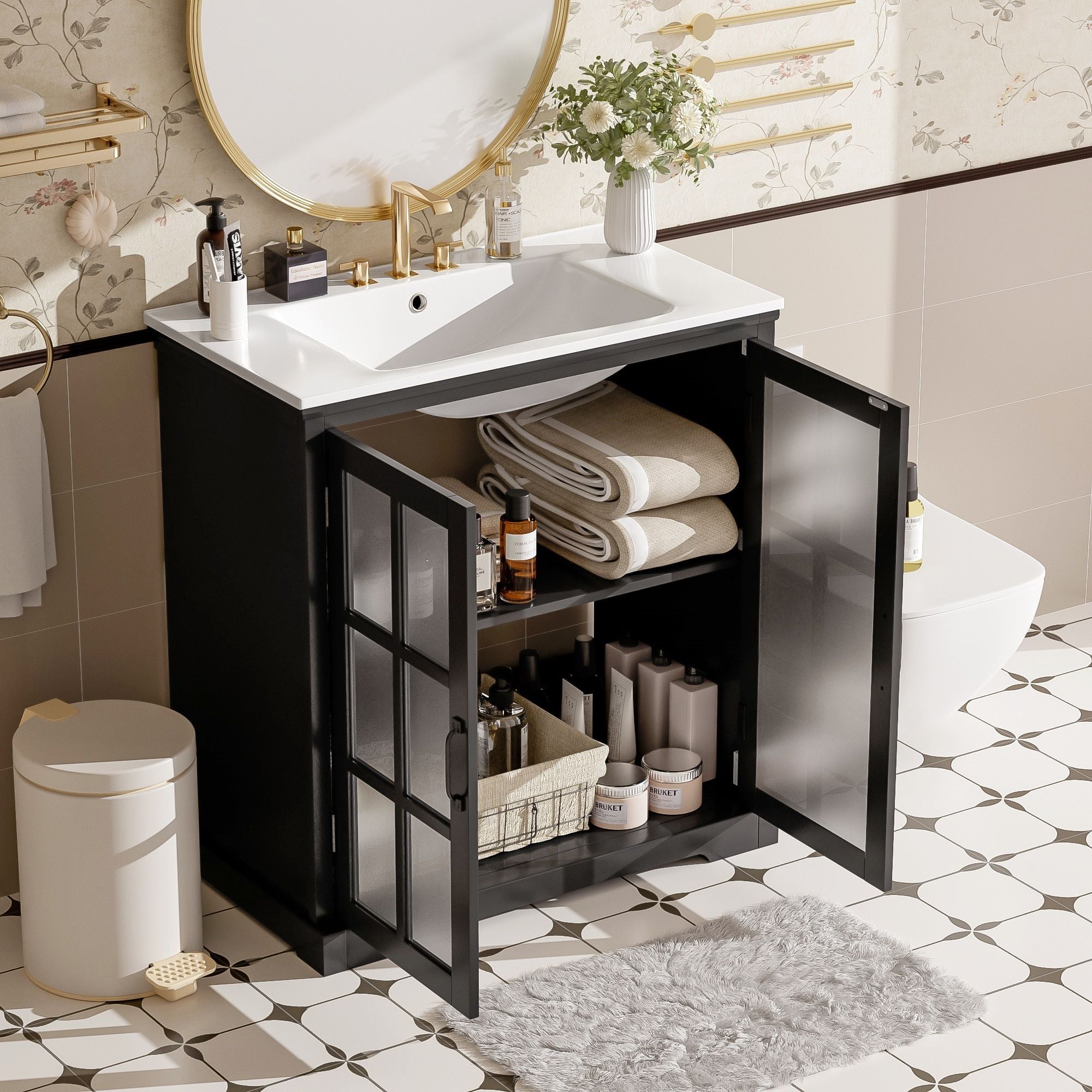 Modern Bathroom Vanity With Ceramic Sink, Tempered Blurred Glass Doors