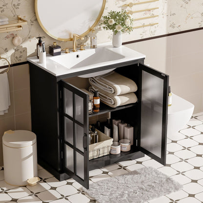 Modern Bathroom Vanity With Ceramic Sink, Tempered Blurred Glass Doors