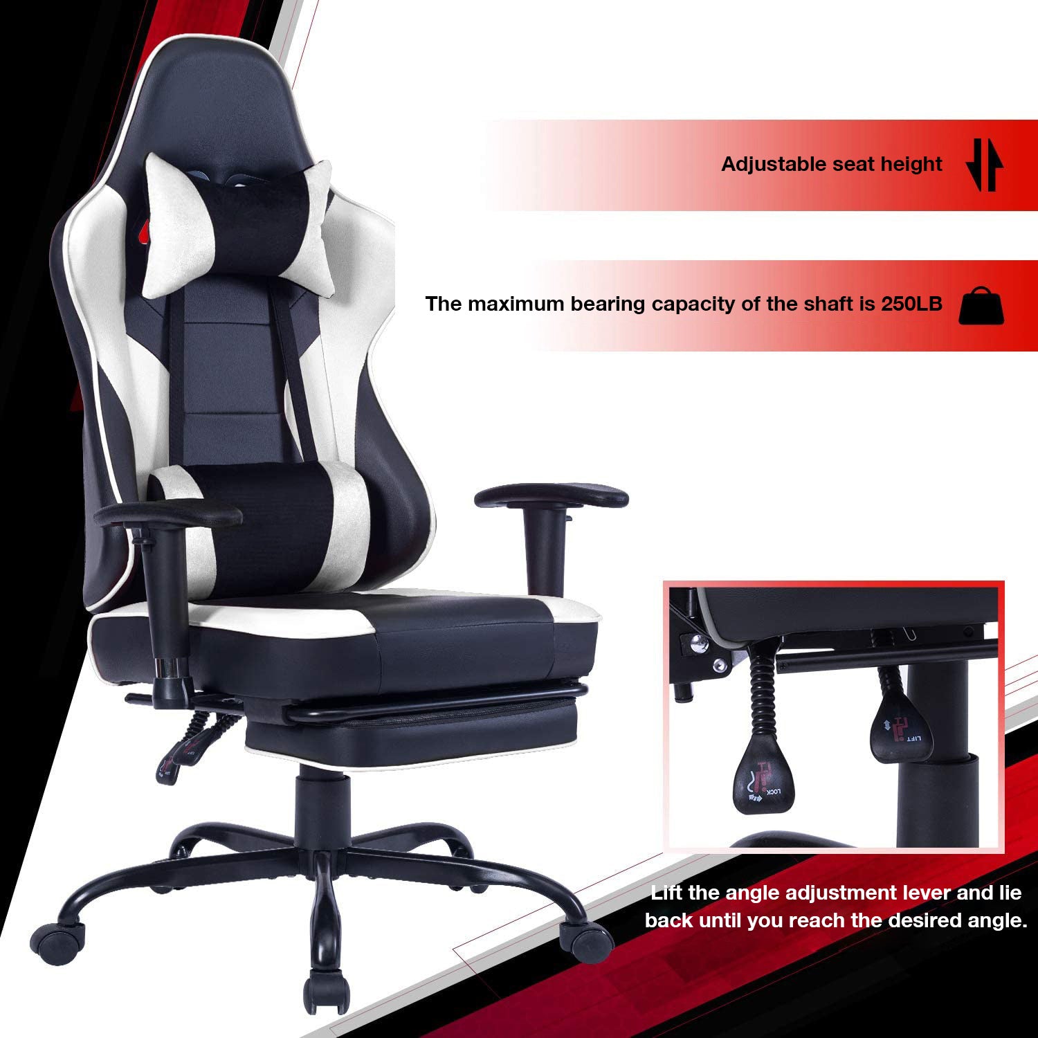 Game chair, ergonomically designed computer chair with headrest and 2D armrests, waist pillow electronic lounge chair with vibration massage function, competitive chair