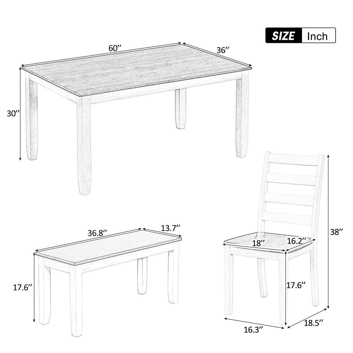 6 Piece Dining Set With 4 Upholstered Chairs &amp; Bench - Walnut