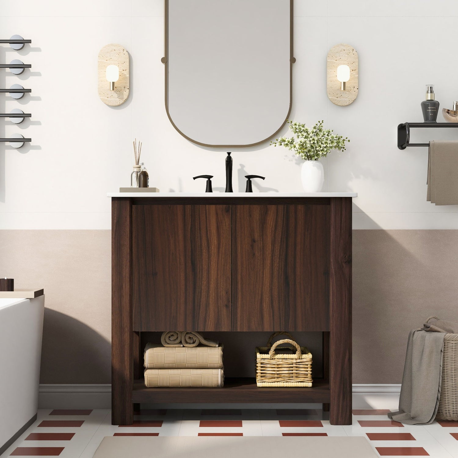 36&quot; Modern Bathroom Vanity With Rectangle Ceramic Sink, Bathroom Cabinet And 45 Degrees Free Handle Design Soft Closing Doors, 1 Open Shelf At The Bottom - Dark Brown