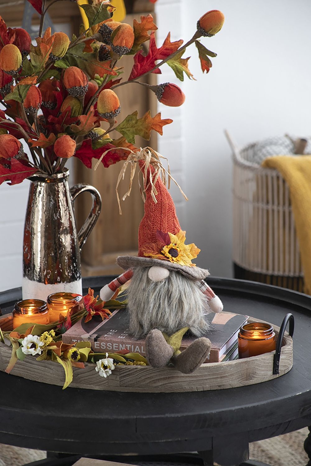 Sitting Gnome With Maple Leaf On Hat, For Holiday Harvest Festival Fall Festival &amp; Thanksgiving Table Decorations (Set of 2) - Orange Multi