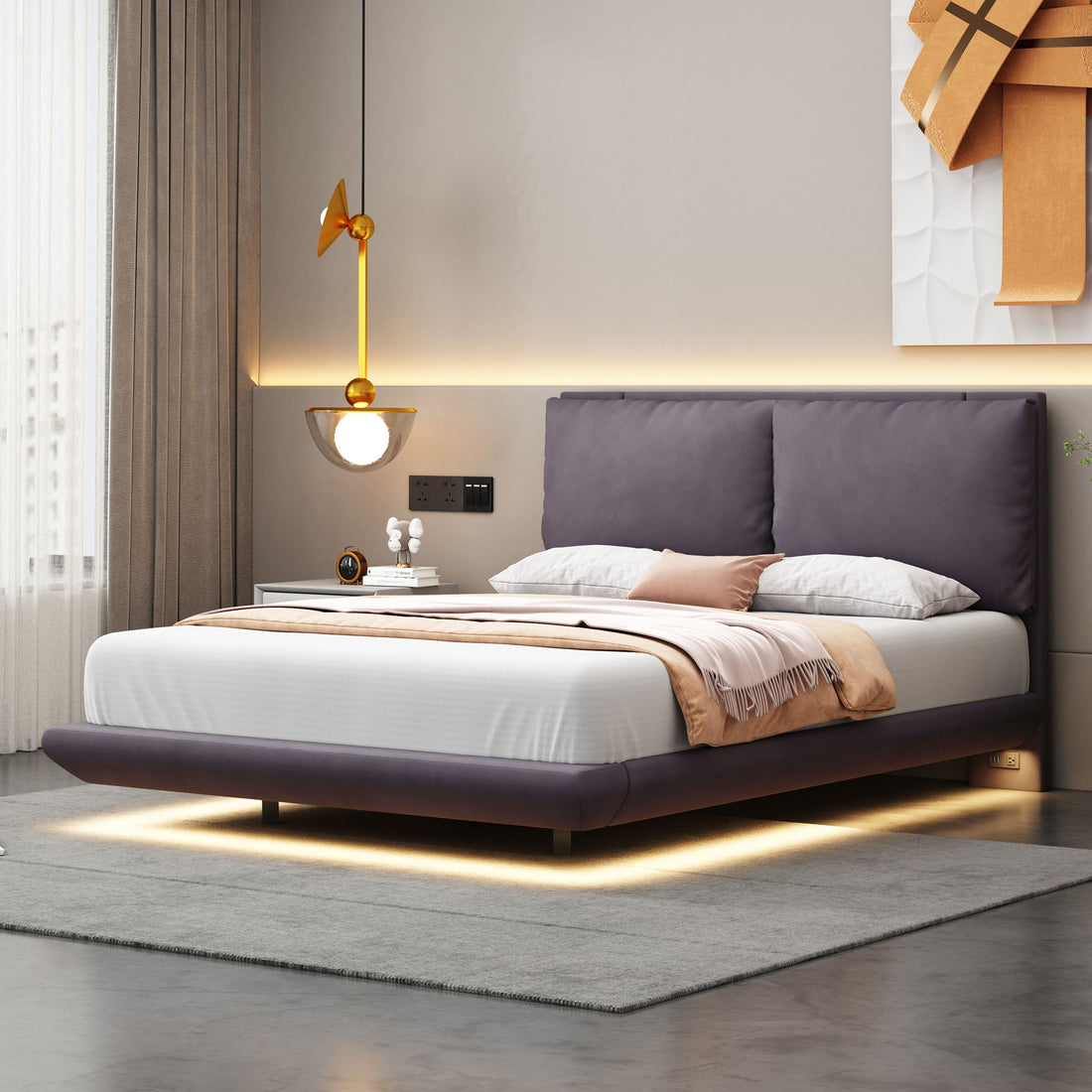 Upholstered Platform Bed With Sensor Light And 2 Large Backrests, With 2 Sets Of USB Port And Socket On Each Rear Bed Leg
