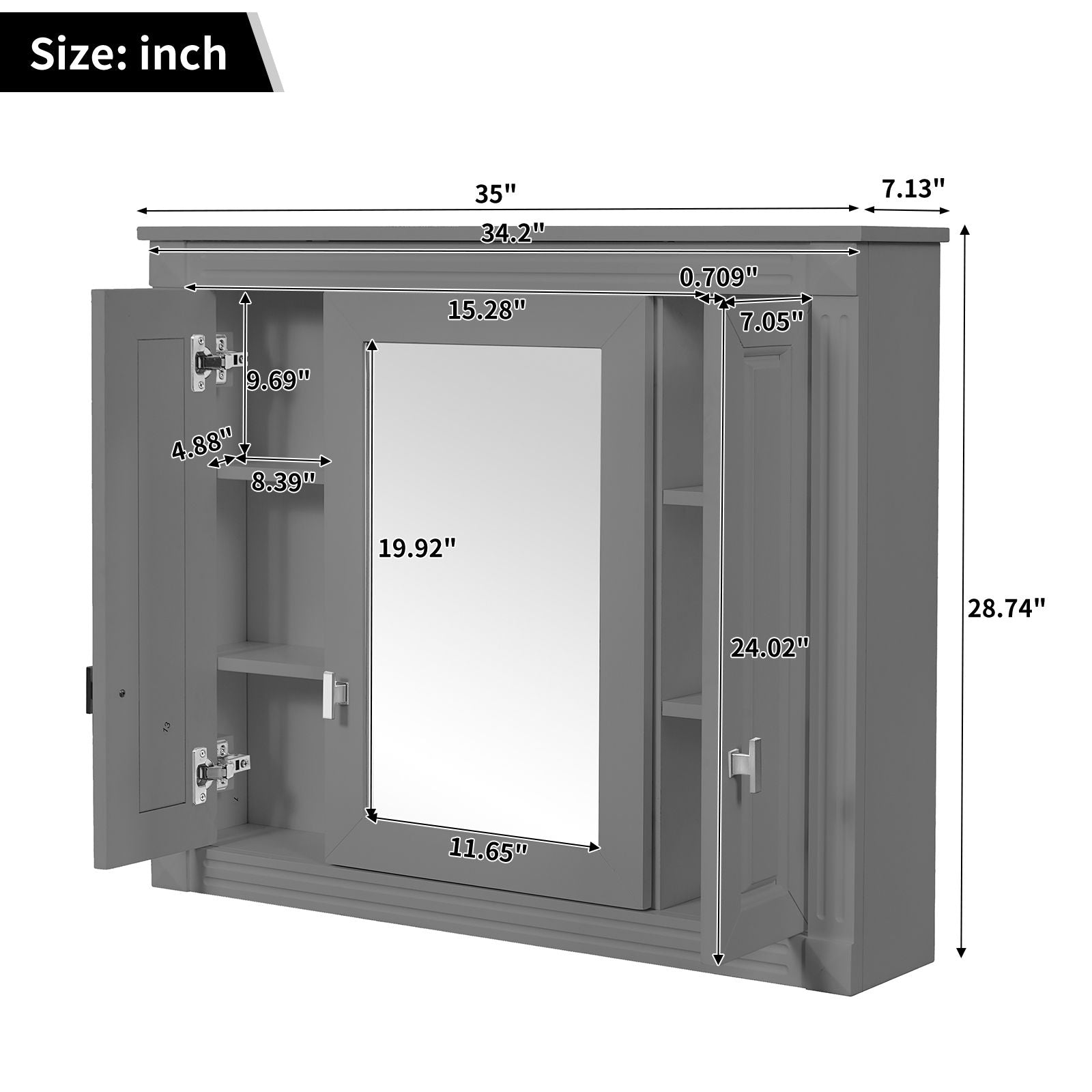 Wall Mounted Bathroom Cabinet With Mirror And 4 Shelves, Rectangular Design - Gray
