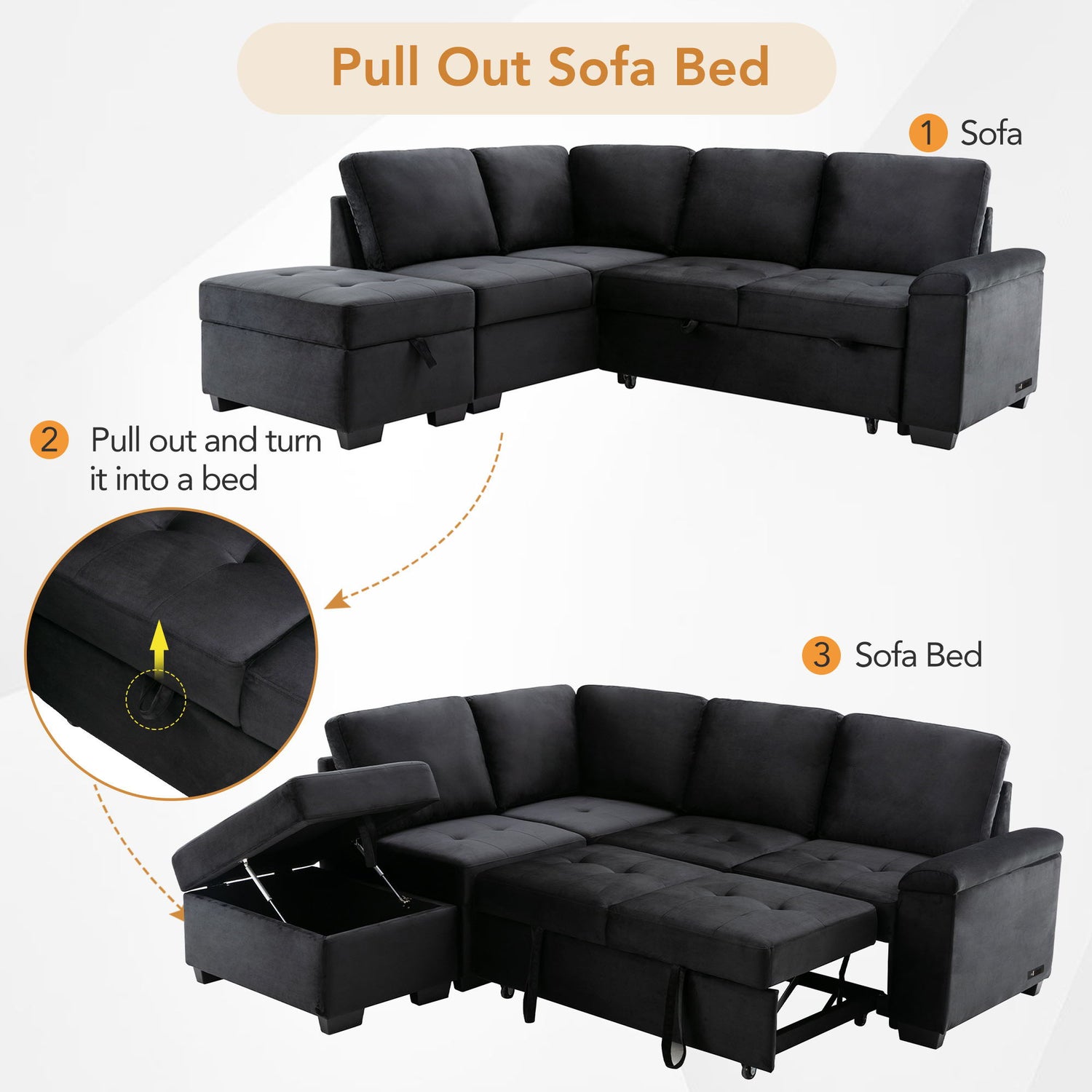 Sleeper Sectional Sofa, L-Shape Corner Couch Sofa Bed With Storage Ottoman &amp; Hidden Arm Storage &amp; USB Charge For Living Room Apartment