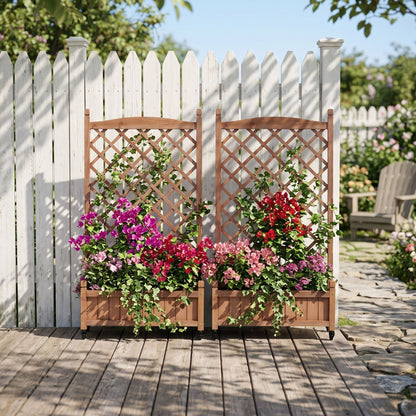 Raised Garden Bed With Trellis 2 Pack, Outdoor Planter Box &amp; Plant Stand With Climbing Racks - Brown