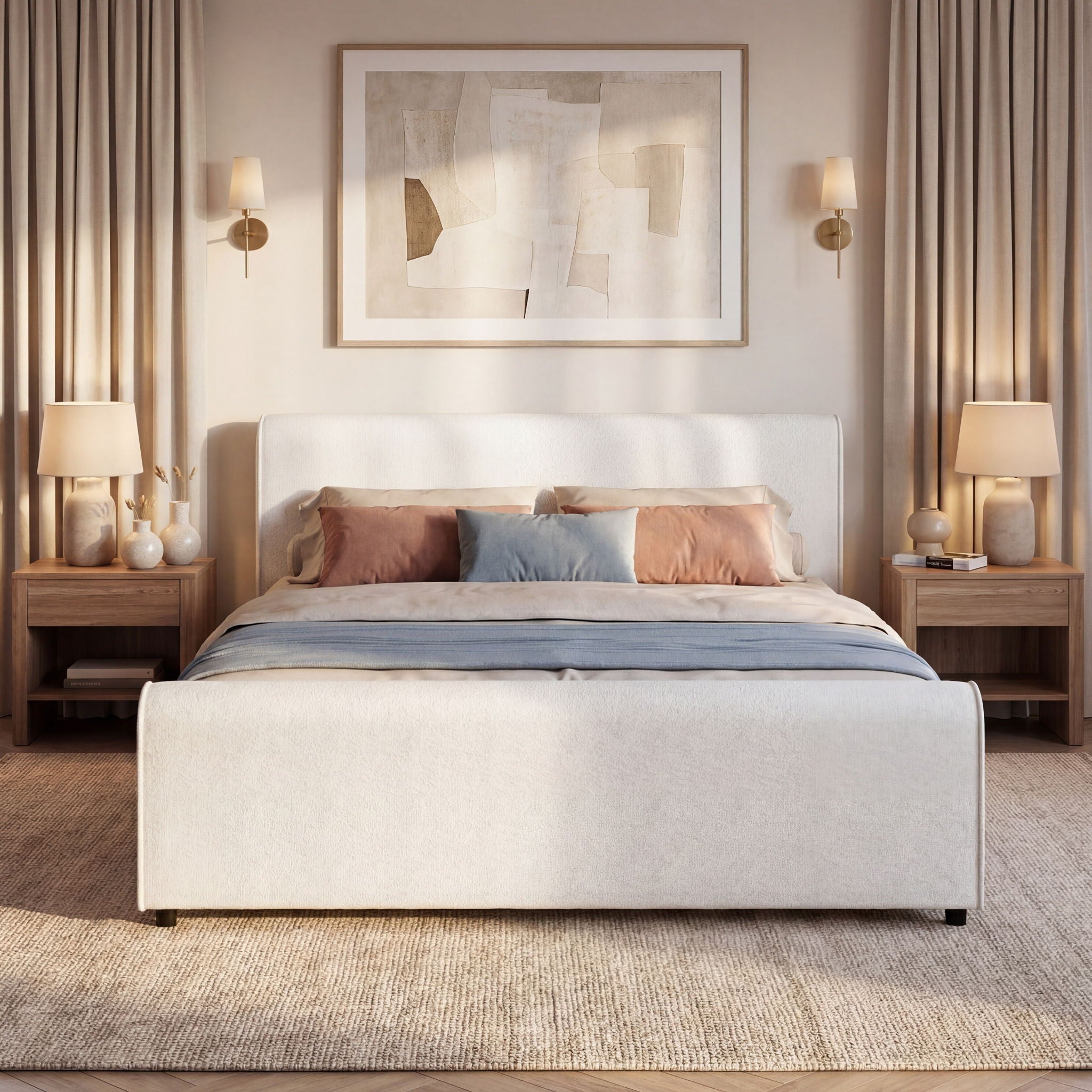 Luxury Upholstered Bed Frame With Curved Headboard &amp; Footboard