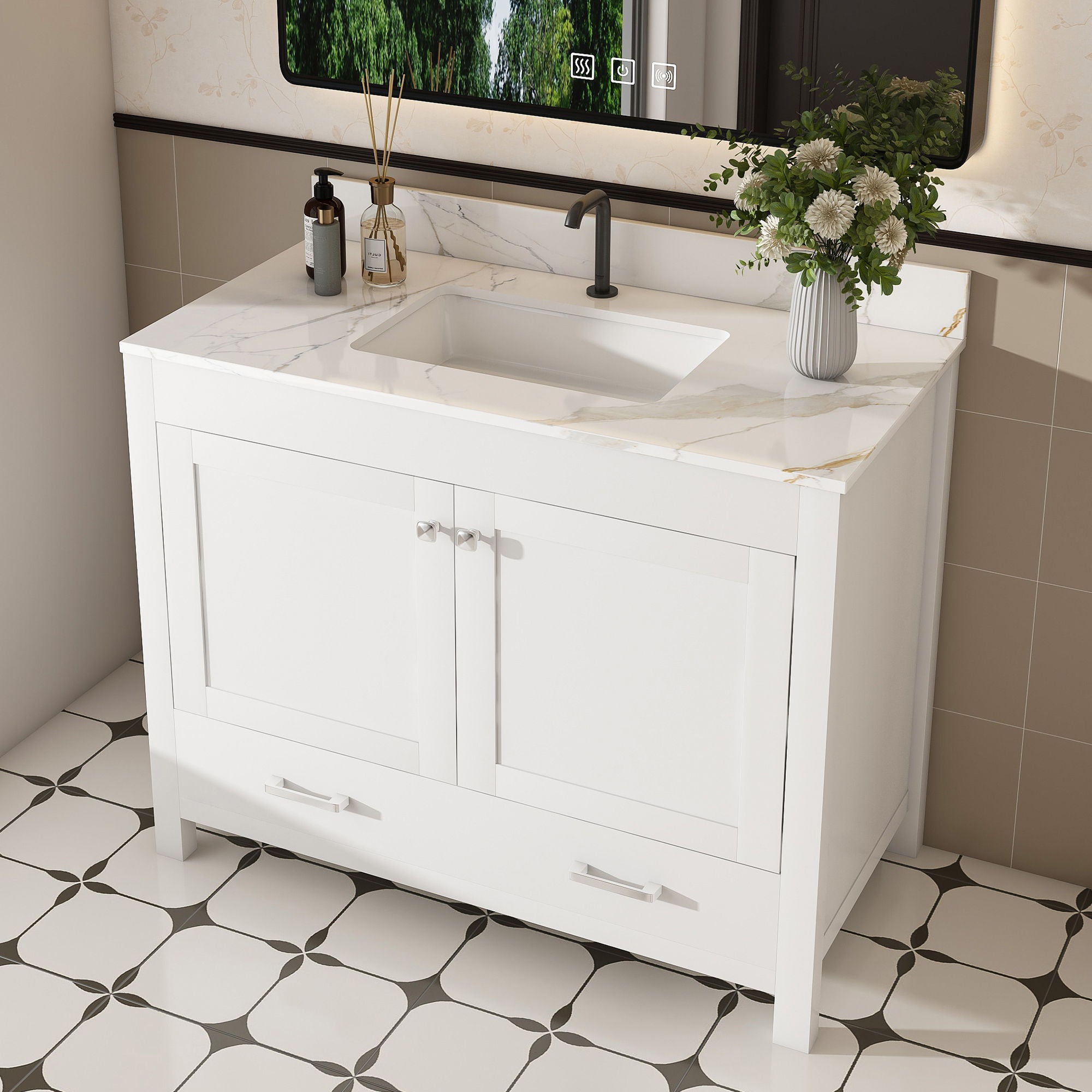 43&quot; Bathroom Vanity, Multi Functional Cabinet, Doors And Drawer - White