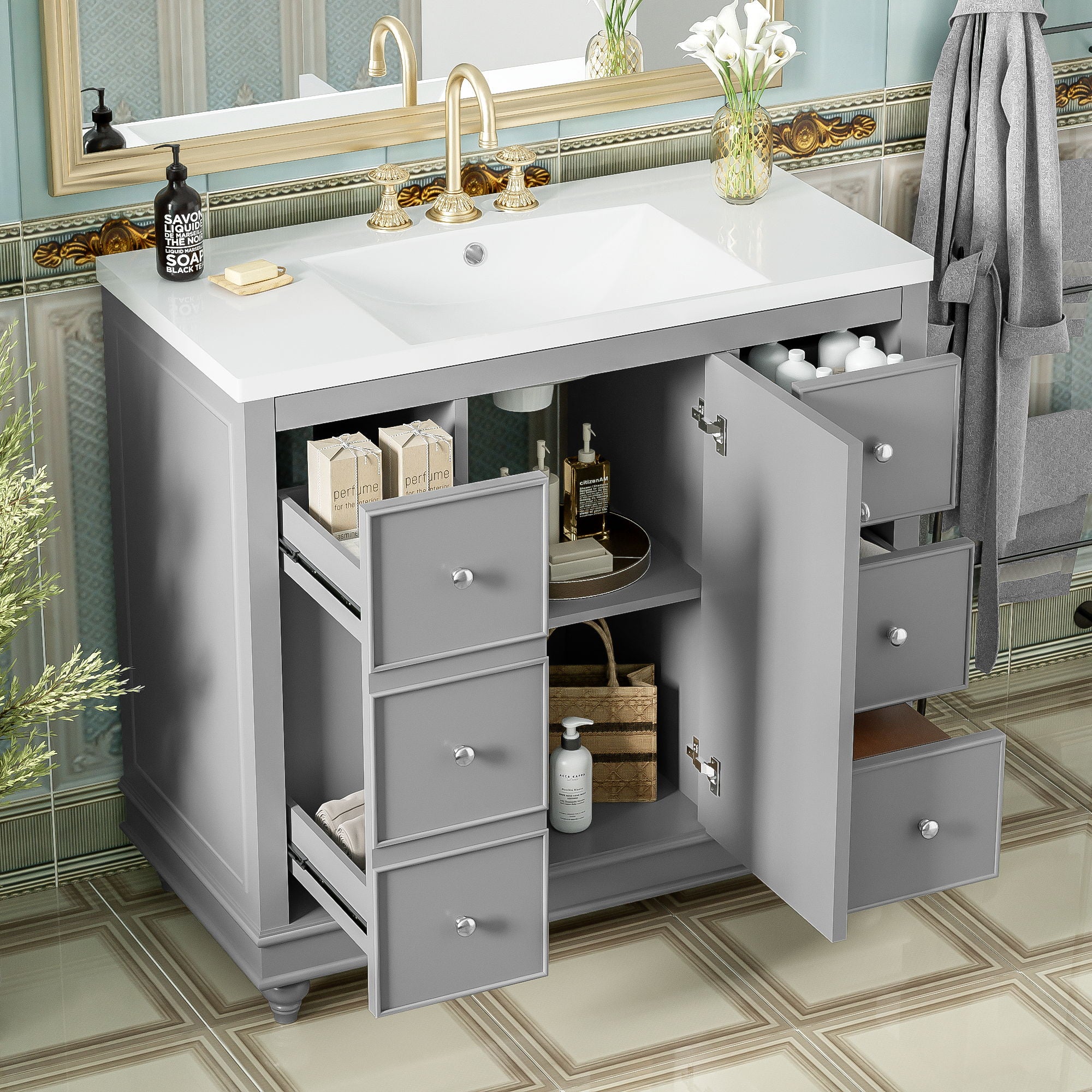 Contemporary Bathroom Vanity Cabinet, 4 Drawers &amp; 1 Cabinet Door, Multipurpose Storage, Resin Integrated Sink, Adjustable Shelves, Solid Wood Frame With MDF