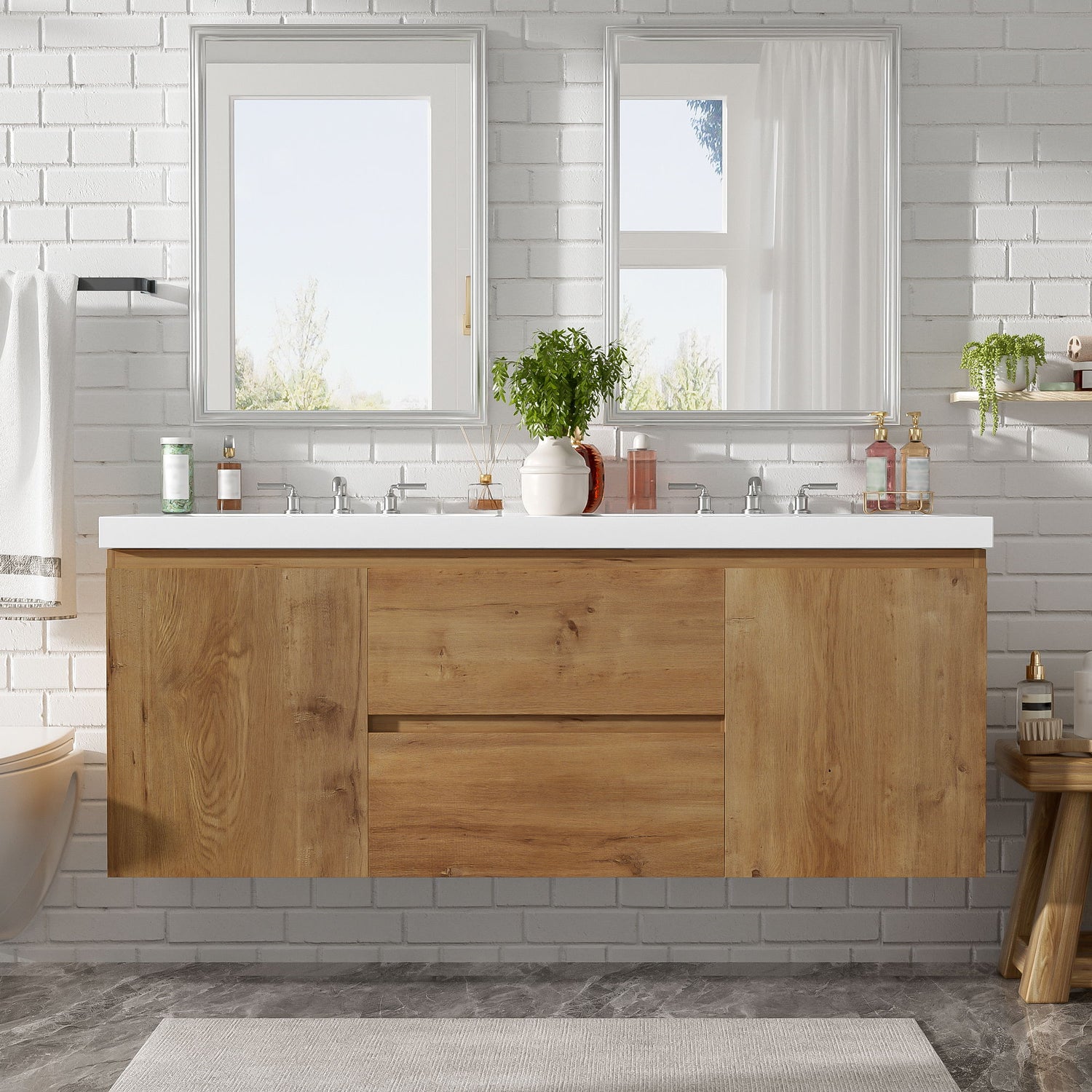 Double Sink Bathroom Vanity, Cabinet &amp; Soft Close Doors, Divided Drawers, Wall Mounted Storage - Wood