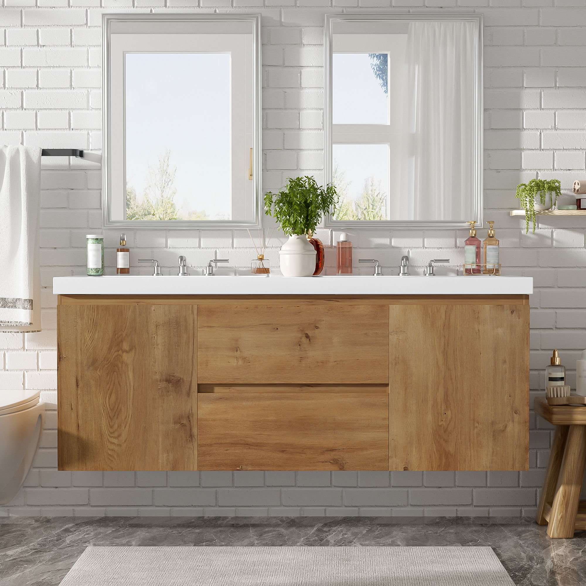 Double Sink Bathroom Vanity, Cabinet &amp; Soft Close Doors, Divided Drawers, Wall Mounted Storage - Wood