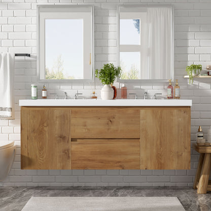 Double Sink Bathroom Vanity, Cabinet &amp; Soft Close Doors, Divided Drawers, Wall Mounted Storage - Wood