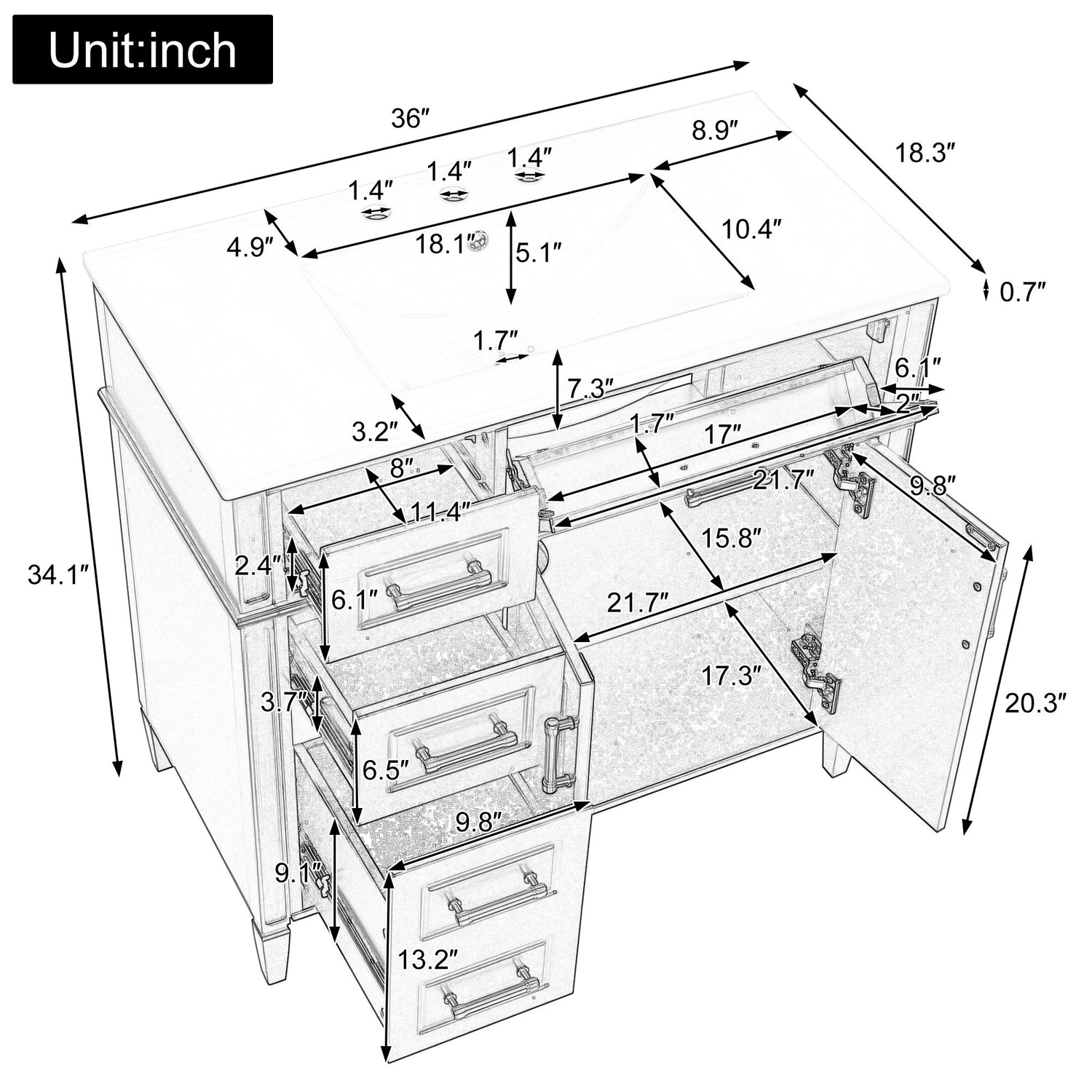 Bathroom Vanity With Sink, 4 Drawers (1 Flip Drawer), 2 Doors &amp; Adjustable Shelf - White