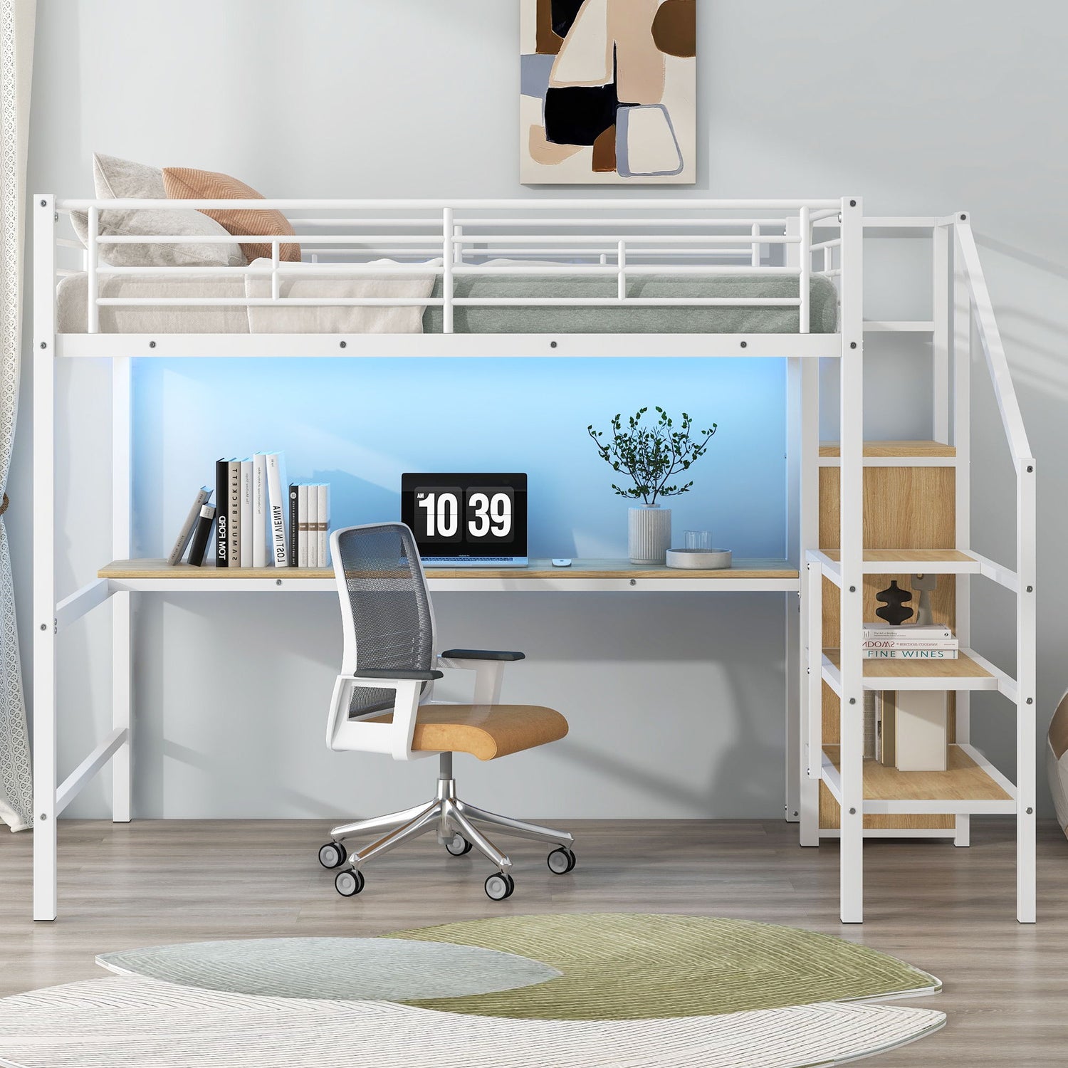 Loft Bed With Desk, Storage Staircase, Small Wardrobe And LED Light