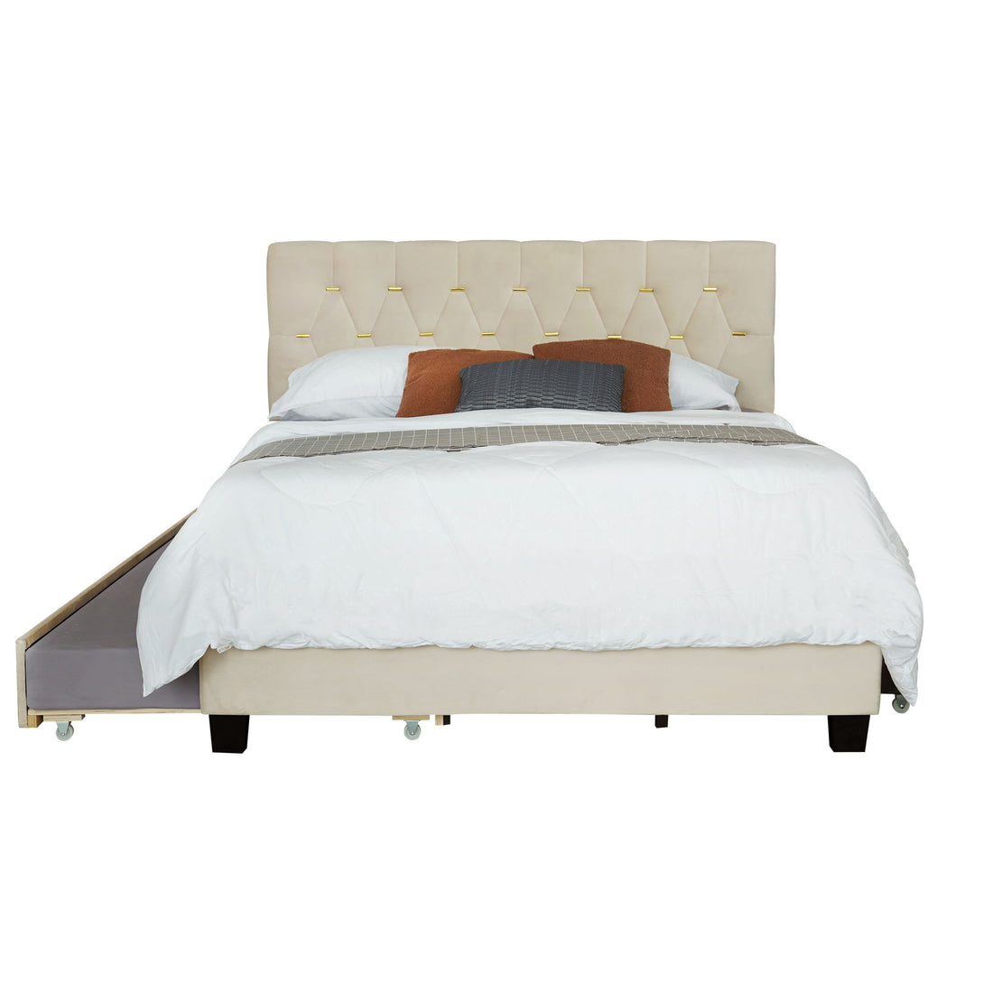 Queen Bed With Pull Out Trundle &amp; Storage Drawers, No Box Spring Required, Space Saving Design - Beige