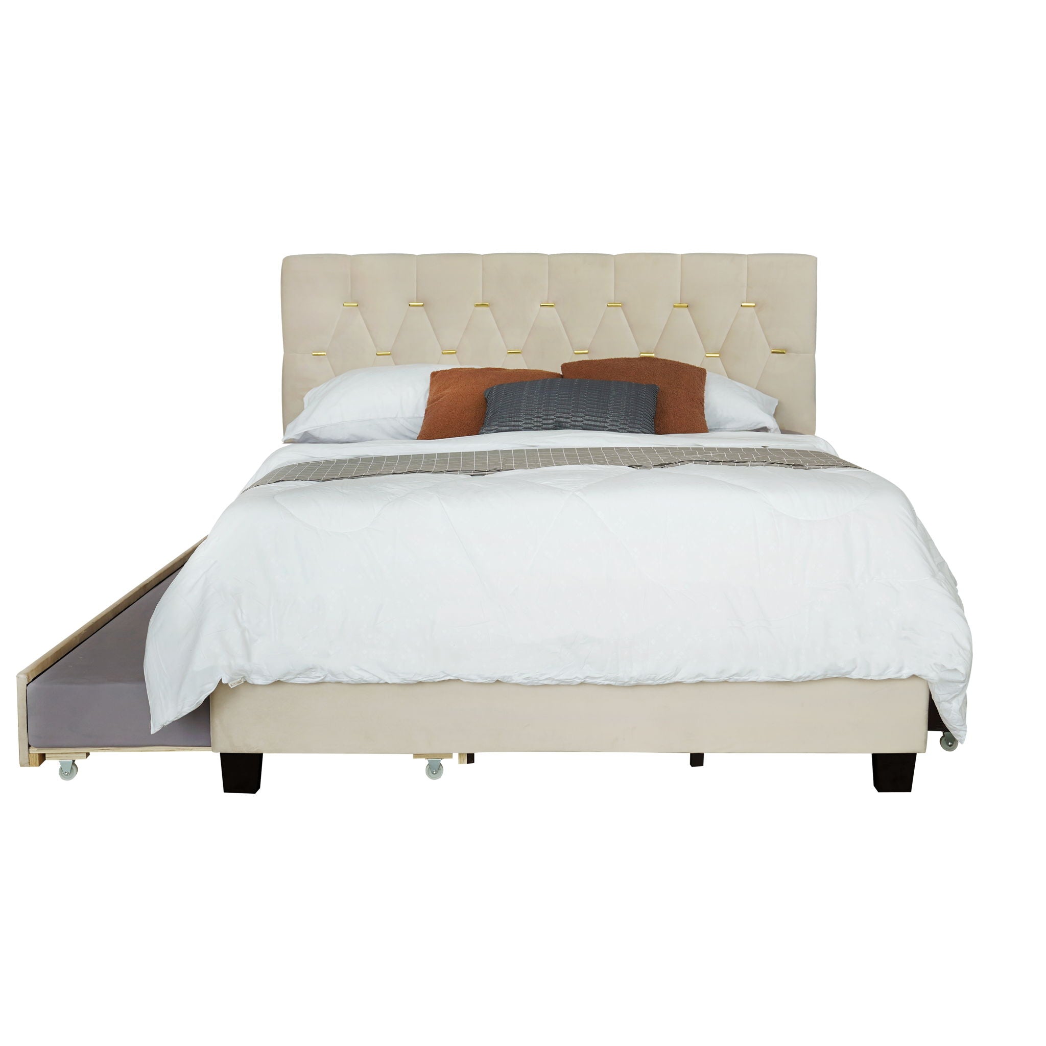 Queen Bed With Pull Out Trundle &amp; Storage Drawers, No Box Spring Required, Space Saving Design - Beige