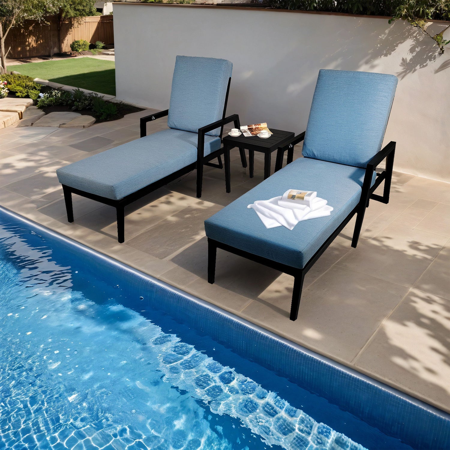 3 Piece Outdoor Patio Lounge Set, 2 Chaise &amp; 1 End Table With Modern Tapered Feet, Pneumatic Adjustable Backrest, Wheels, Sunbrella Cushion - Ember Black / Blue