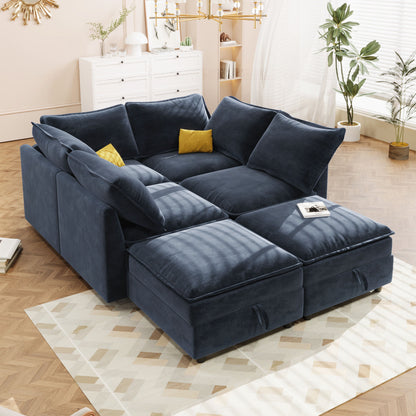 Versatile 6 Piece Modular Sofa Bed With Storage, Stylish Faux Double Layer Cushions, Comfortable &amp; Durable Design, Perfect For Any Living Space