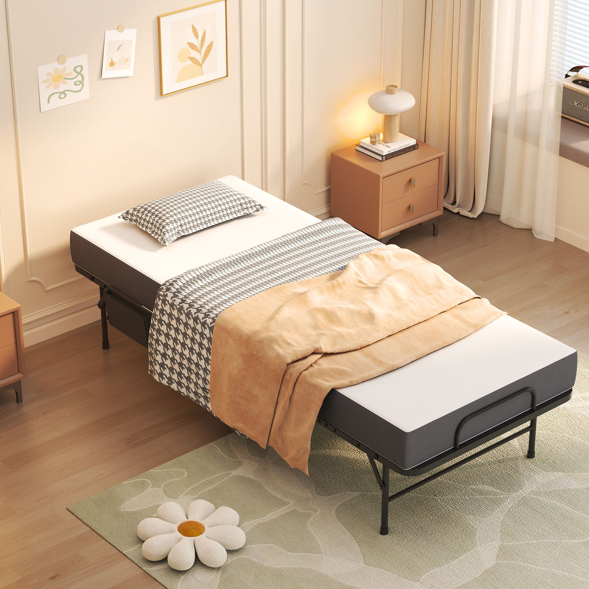 Twin Folding Bed With Memory Foam Mattress, Space Saving Rollaway Guest, On Wheels, Portable For Adults &amp; Guests - Black