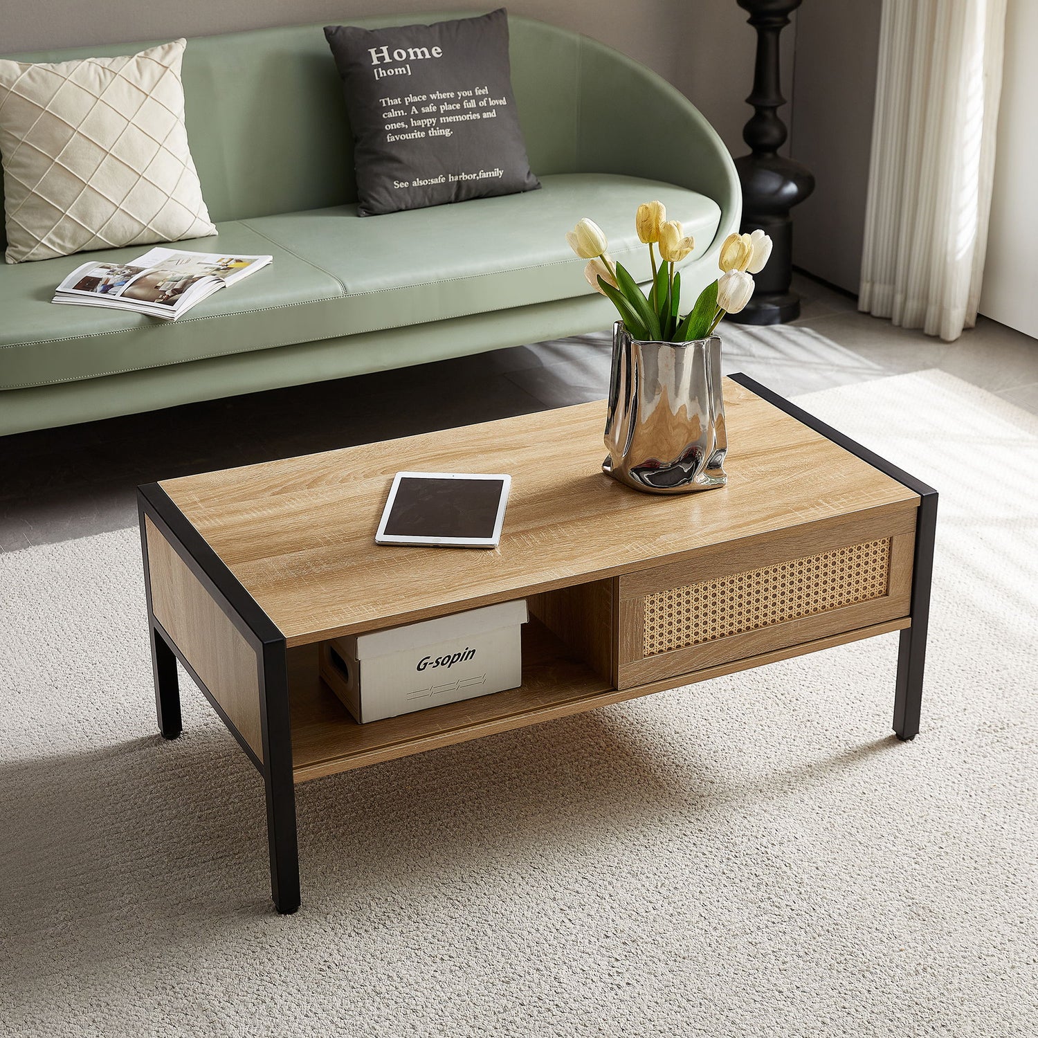 40.16&quot; Rattan Coffee Table, Sliding Door For Storage, Metal Legs, Modern Table For Living Room