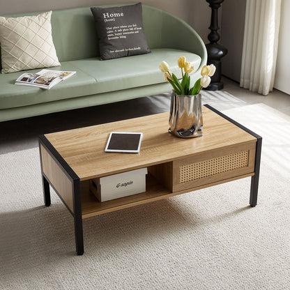 40.16&quot; Rattan Coffee Table, Sliding Door For Storage, Metal Legs, Modern Table For Living Room