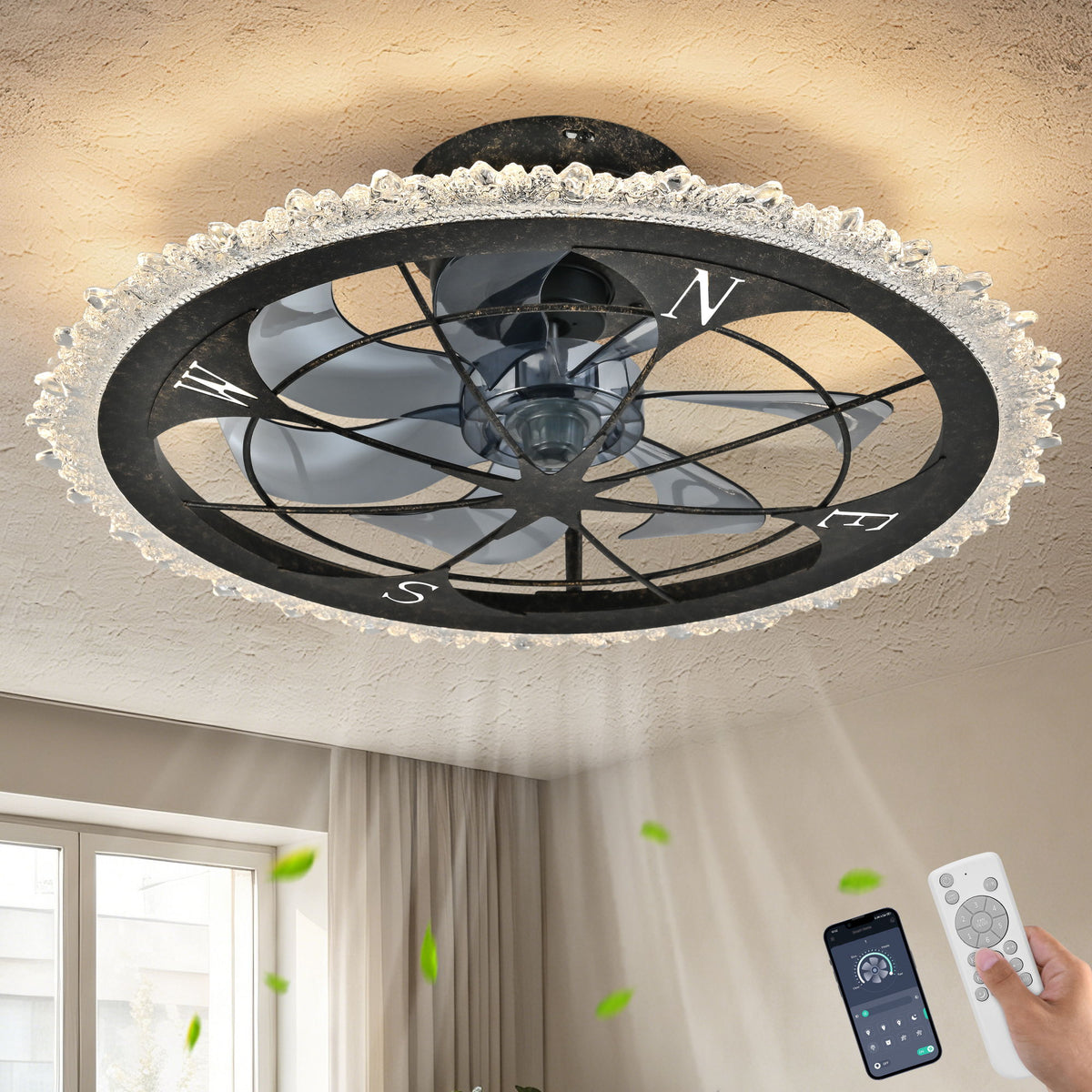 Caged Ceiling Fan &amp; Remote Controlled Dimmable LED Lights, Flush Mount Fan, Low Profile Design - Antique Black