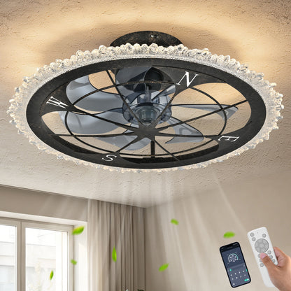 Caged Ceiling Fan &amp; Remote Controlled Dimmable LED Lights, Flush Mount Fan, Low Profile Design - Antique Black