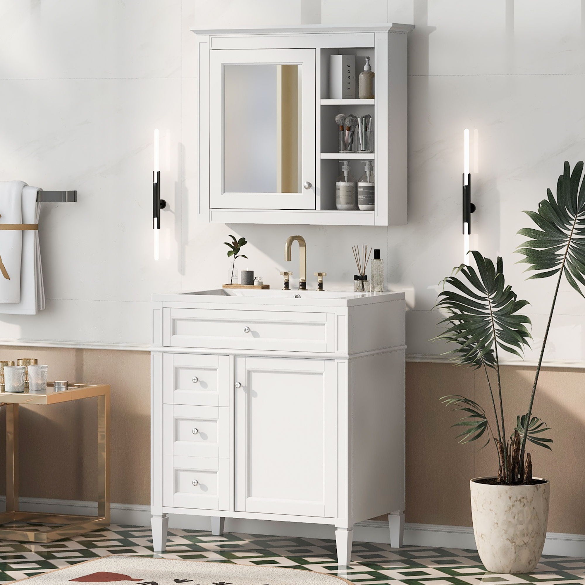 Bathroom Vanity With Medicine Cabinet, Royal Mirror Cabinet, Modern Bathroom Storage Cabinet With 2 Soft Closing Doors And 4 Drawers