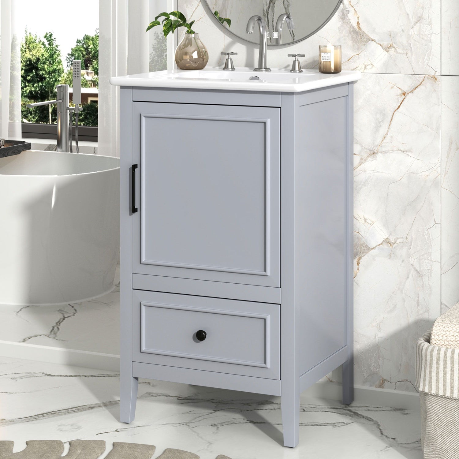 20&quot; Bathroom Vanity With Sink, Bathroom Cabinet With A Door, Door Shelf Storage And Adiustable Foot Pads, A Drawer - Gray
