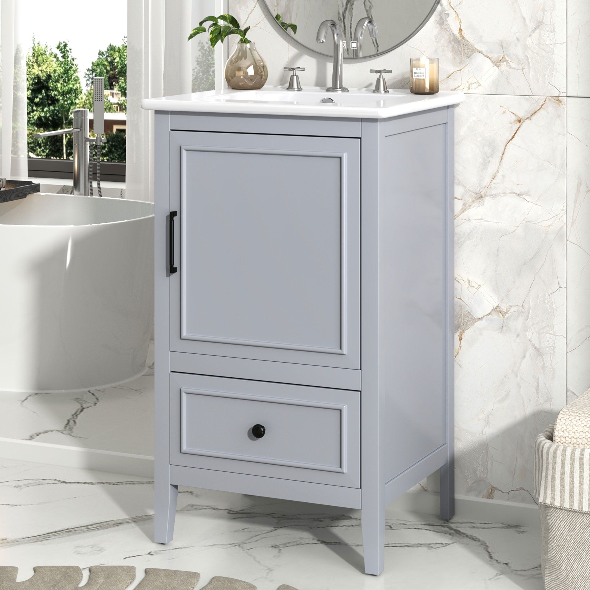 20&quot; Bathroom Vanity With Sink, Bathroom Cabinet With A Door, Door Shelf Storage And Adiustable Foot Pads, A Drawer - Gray