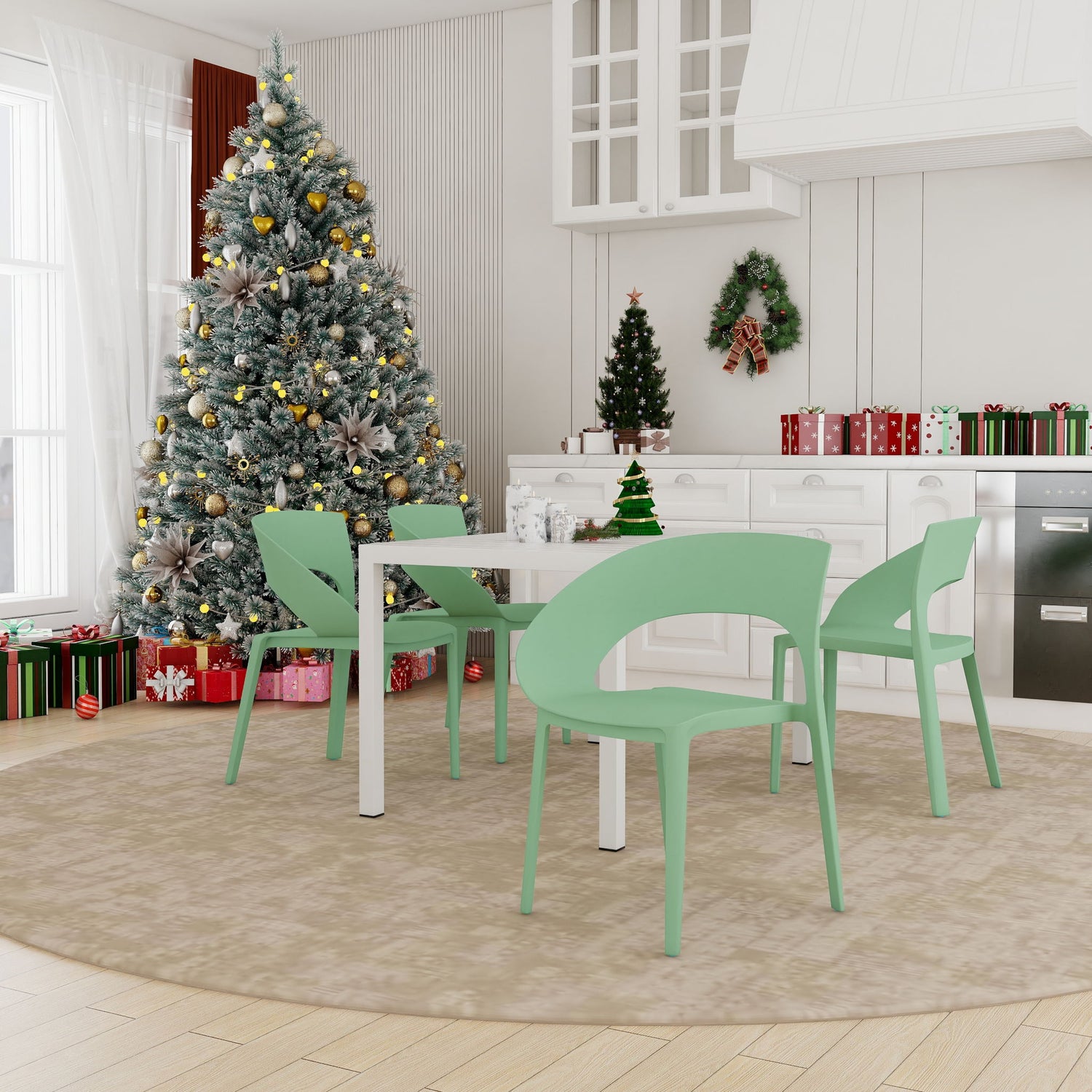 4 Piece Set Of Modern Designed Single Chairs With Long Table