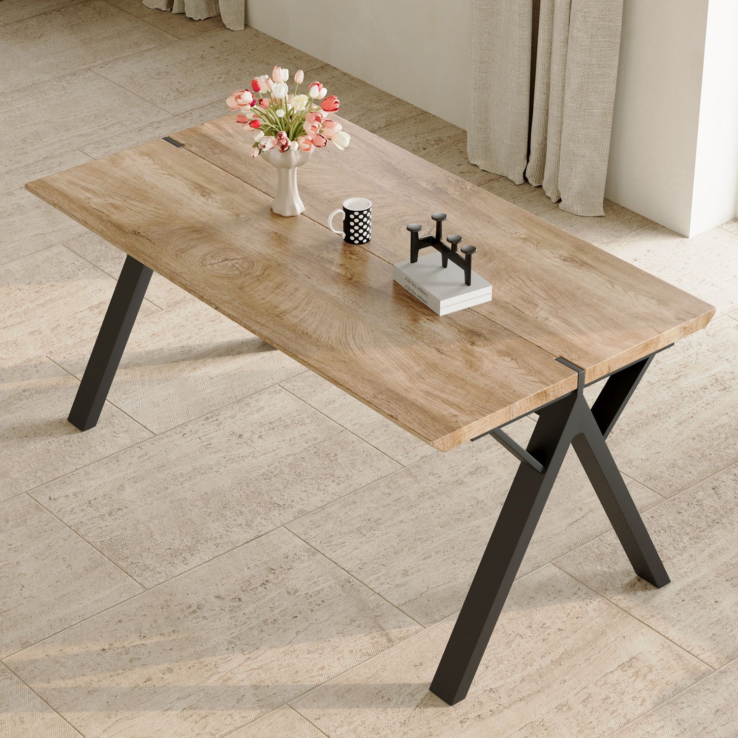 Wood Textured Dining Table With A Frame Legs.Density Board Sticker Pipe Spraying, Suitable For Various Occasions Such As Living Rooms - Black