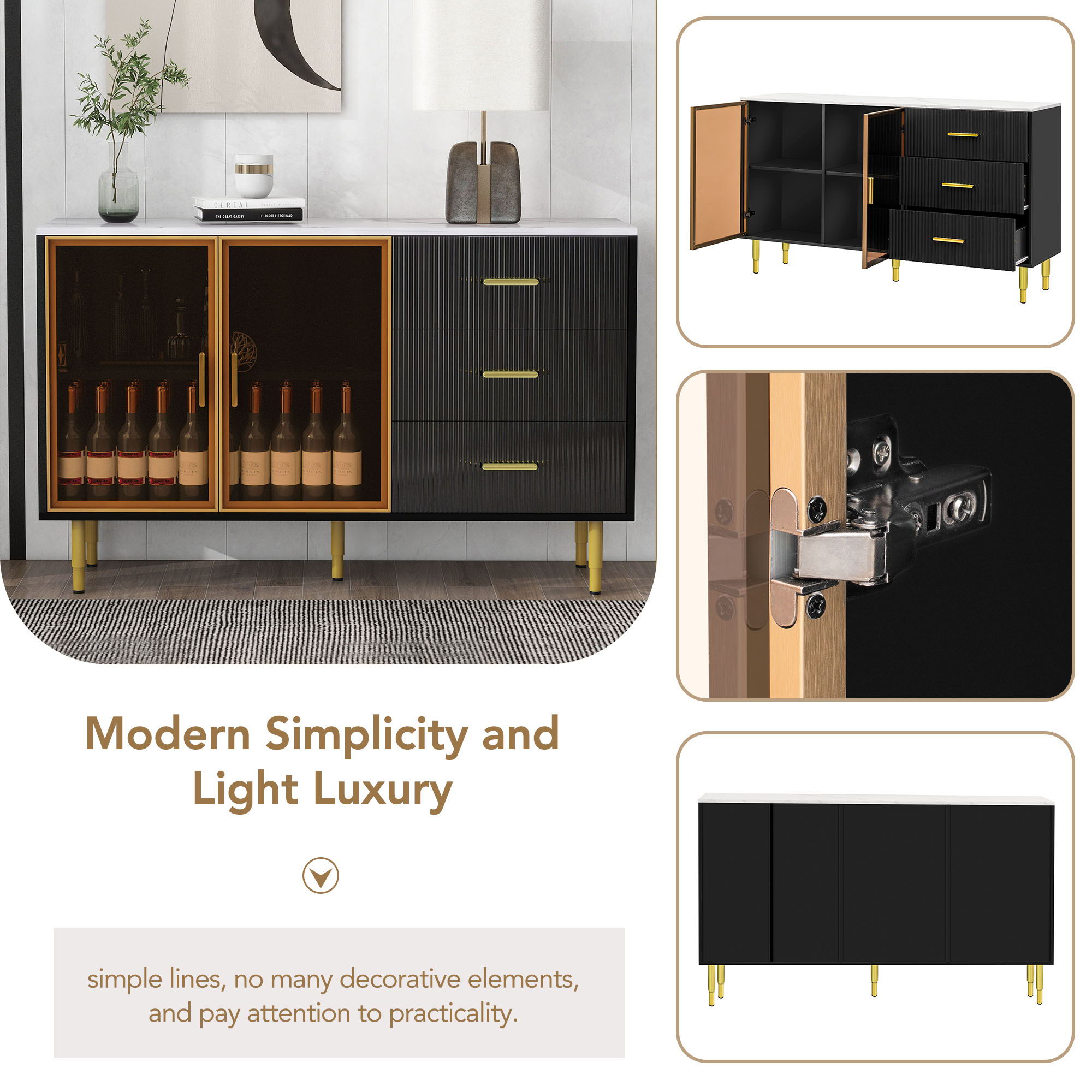 Modern Sideboard Buffet Cabinet Marble Sticker Tabletop And Amber-Yellow Tempered Glass Doors With Gold Metal Legs &amp; Handles