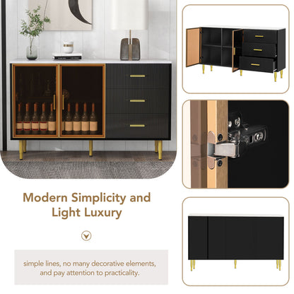 Modern Sideboard Buffet Cabinet Marble Sticker Tabletop And Amber-Yellow Tempered Glass Doors With Gold Metal Legs &amp; Handles