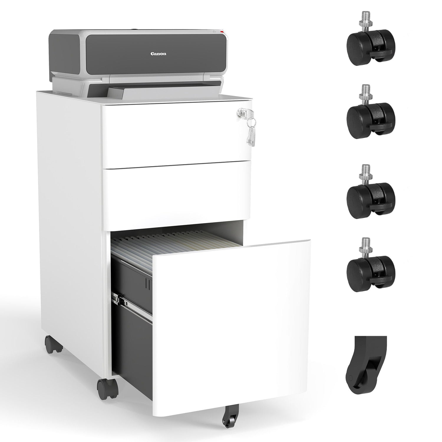 3-Drawer Mobile File Cabinet With Lock, On Wheels, Two Shallow &amp; One Deep Drawer For Office/Home, Fully Assembled - White