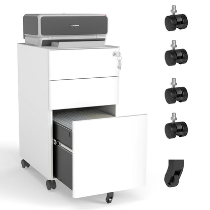 3-Drawer Mobile File Cabinet With Lock, On Wheels, Two Shallow &amp; One Deep Drawer For Office/Home, Fully Assembled - White