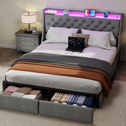 Floating Bed Frame With Rgb LED Light, 2 Storage Drawers &amp; Headboard Shelf