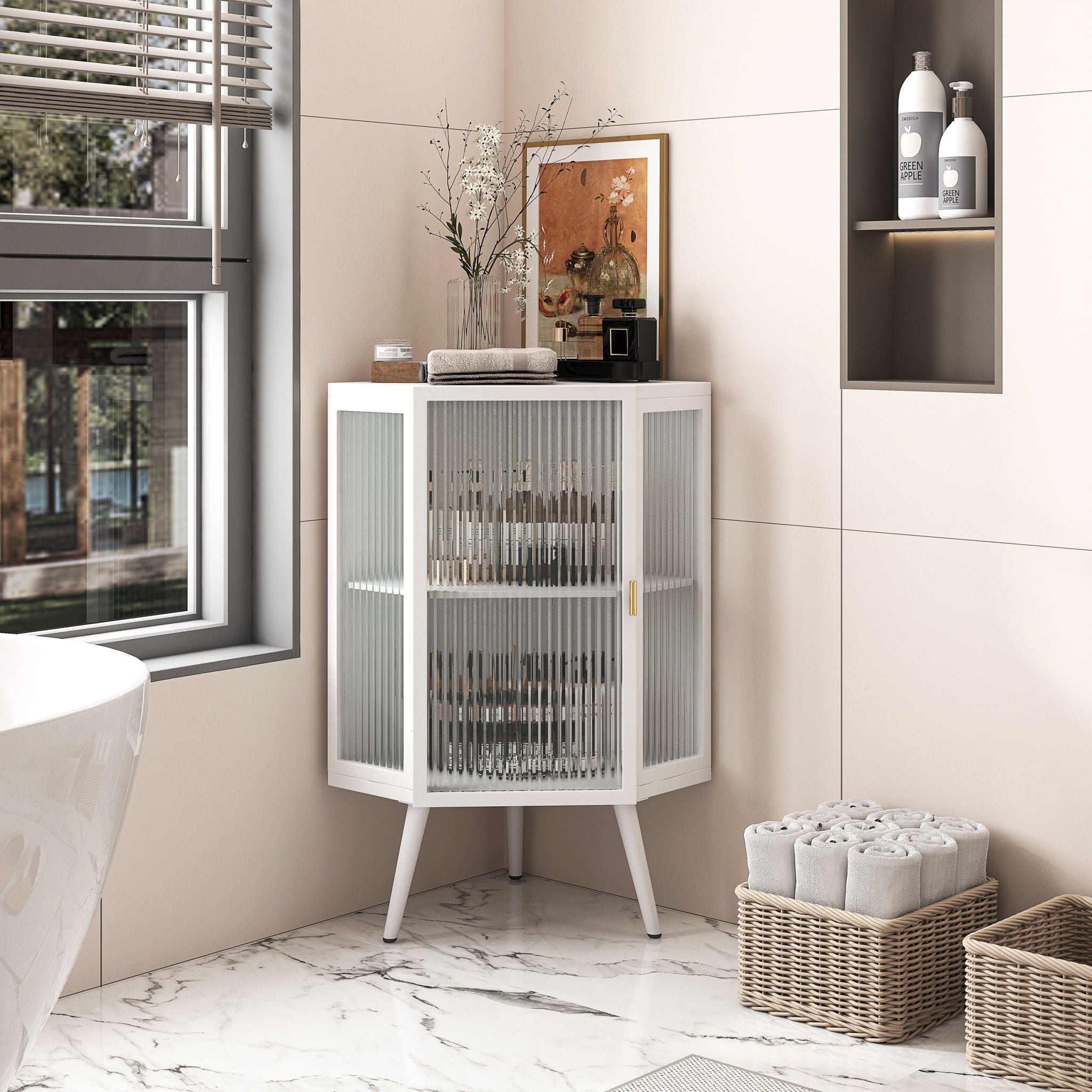 Corner Cabinet With Door And Shelves For Bathroom - White