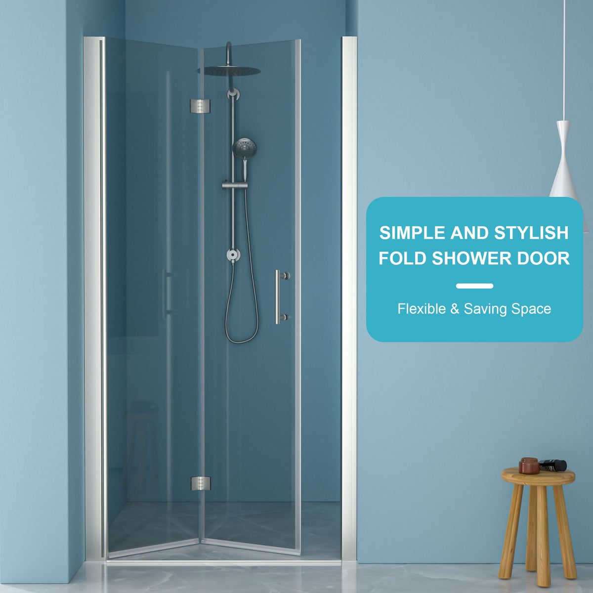 Fold Frameless Shower Door &amp; Tempered Glass - Brushed Silver