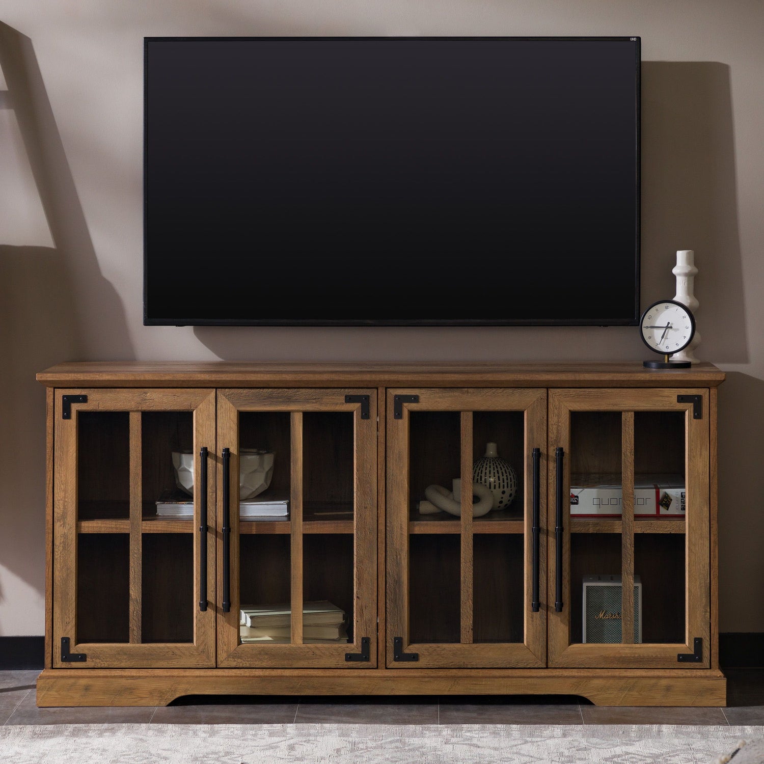 Modern Farmhouse Two Tone Windowpane Glass Door TV Stand For TVs Up To 65&quot;