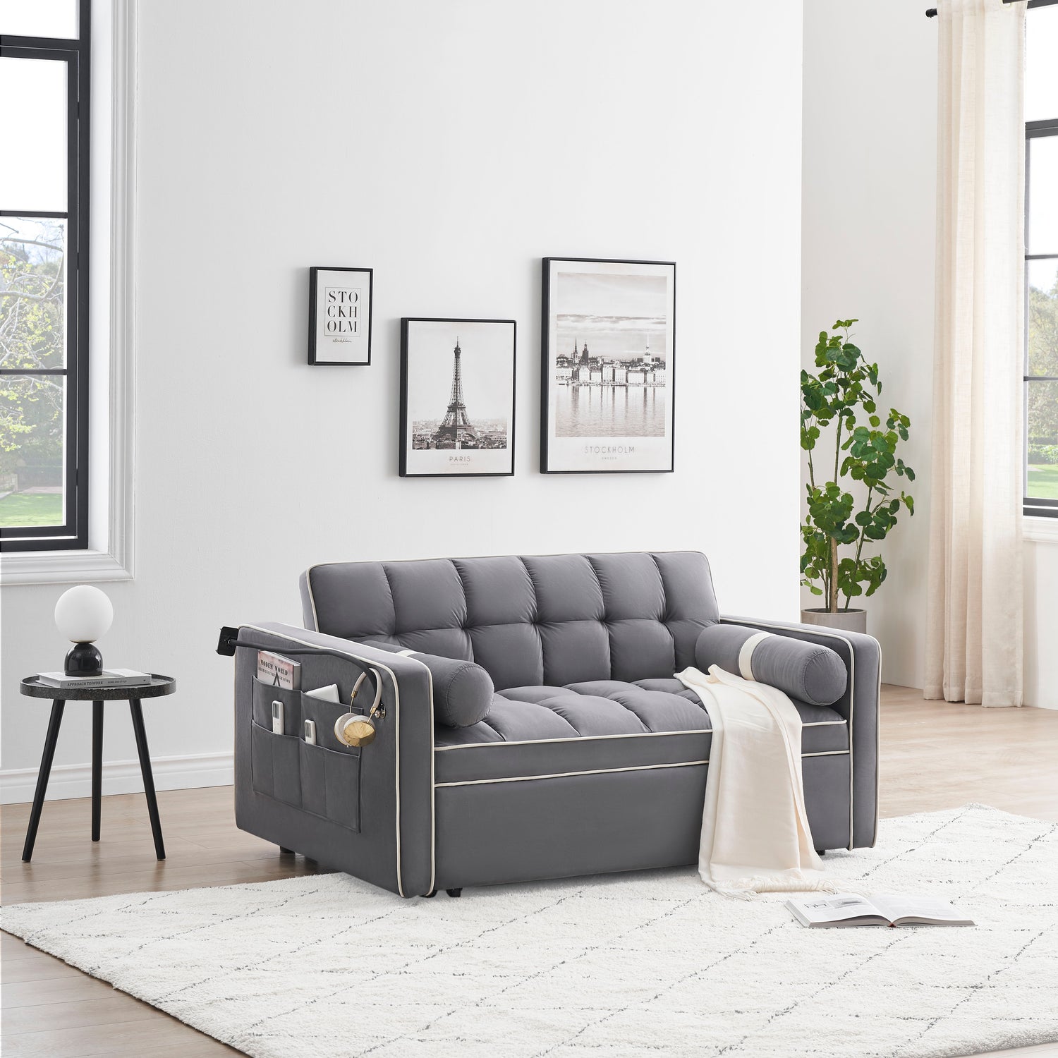 Modern Convertible Sleeper Sofa Couch With Pull Out Bed With Pillows &amp; Side Pockets For Small Space, Living Room