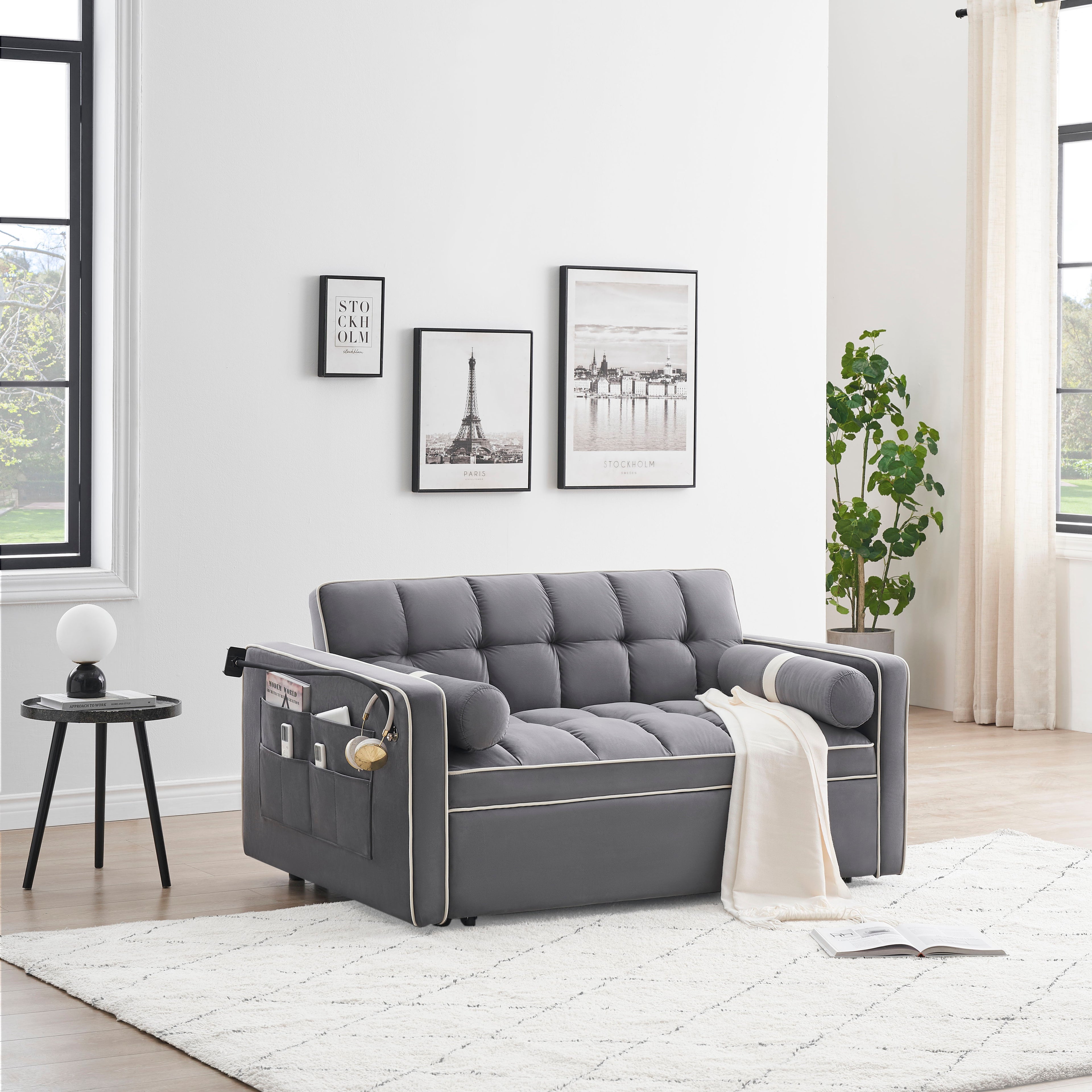 Modern Convertible Sleeper Sofa Couch With Pull Out Bed With Pillows &amp; Side Pockets For Small Space, Living Room