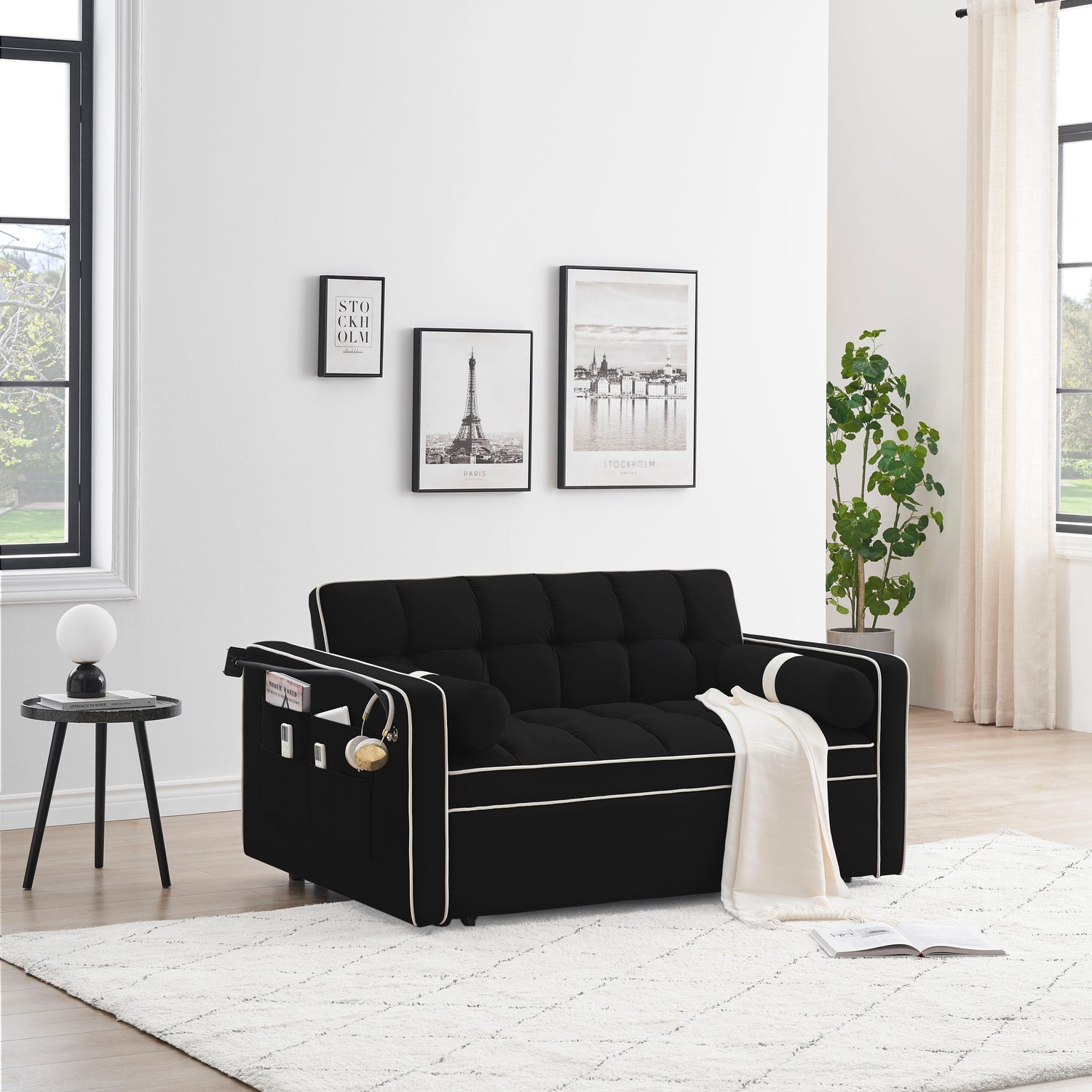 Modern Convertible Sleeper Sofa Couch With Pull Out Bed With Pillows &amp; Side Pockets For Small Space, Living Room