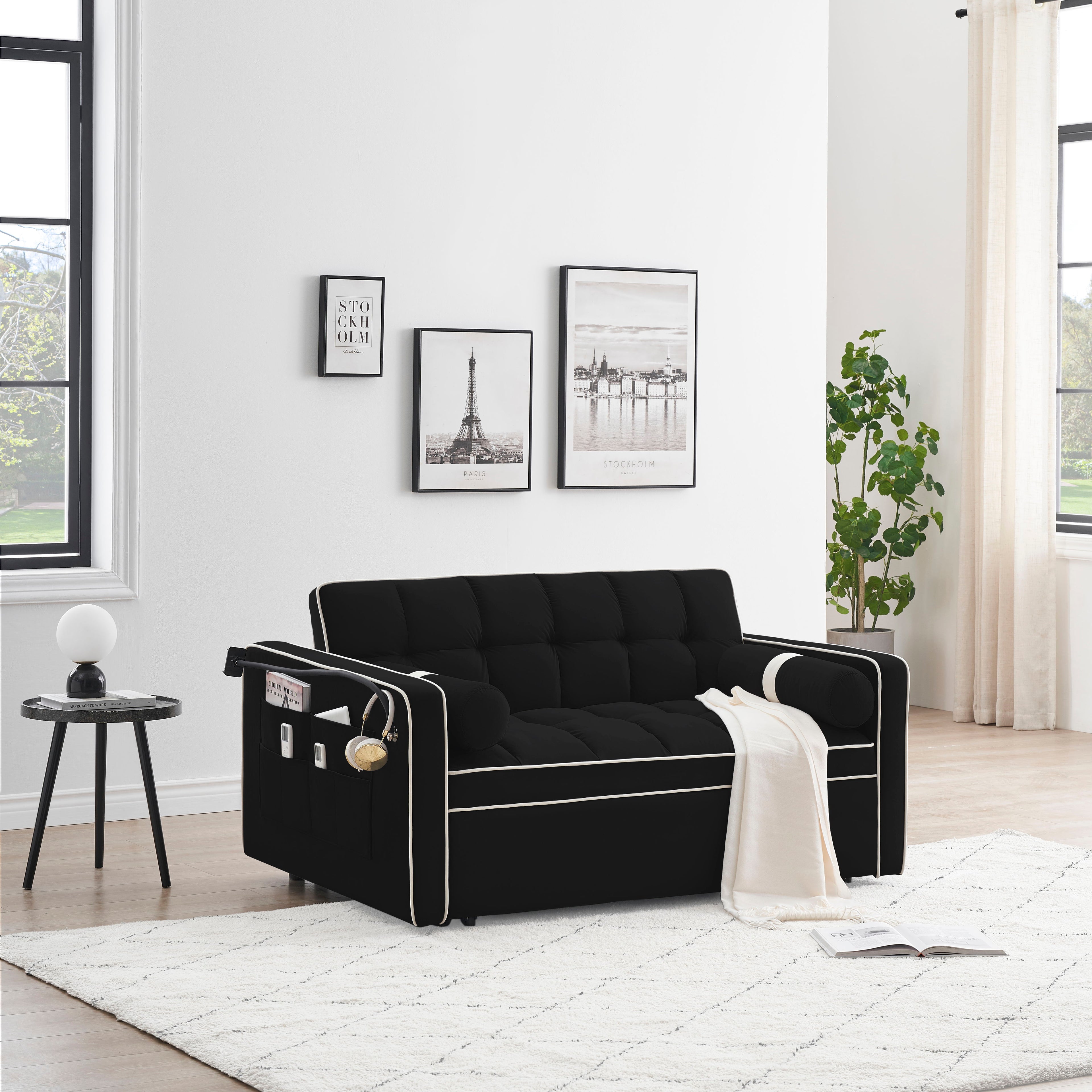 Modern Convertible Sleeper Sofa Couch With Pull Out Bed With Pillows &amp; Side Pockets For Small Space, Living Room