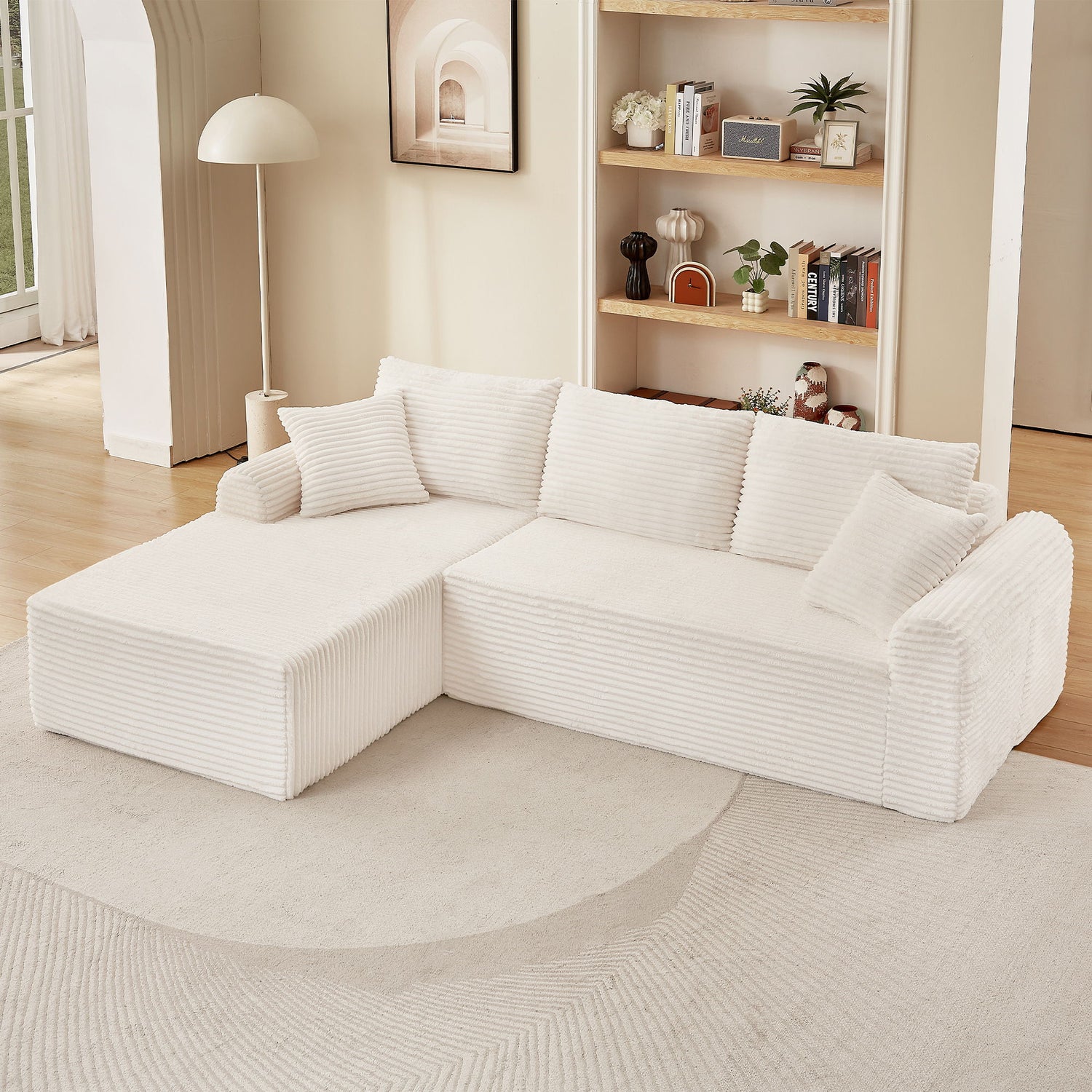 Modular Corduroy Sectional With Arched Armrests, Includes 3 Back Cushions &amp; 2 Throw Pillows