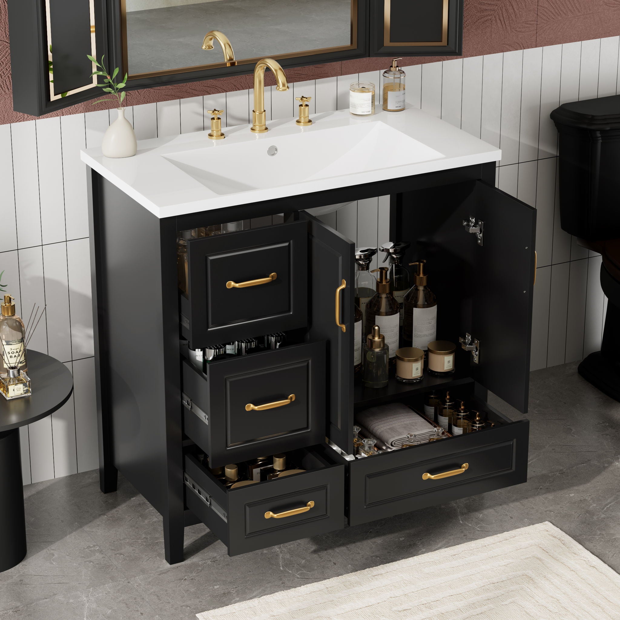 Bathroom Vanity With Sink, Soft Closing Doors &amp; Drawers, Metal Handles