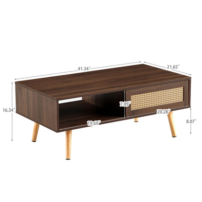 41.34&quot; Rattan Coffee Table, Sliding Door For Storage, Solid Wood Legs, Modern Table For Living Room