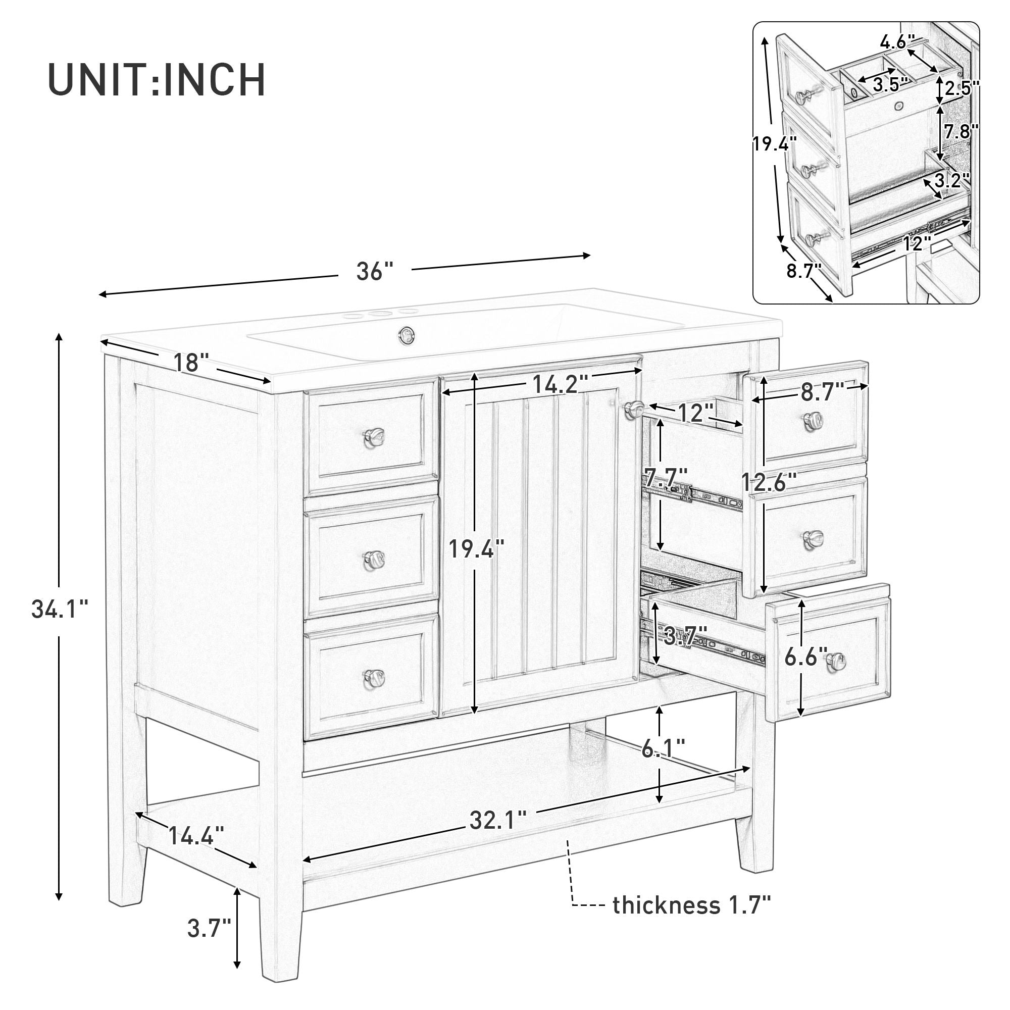 36" Bathroom Vanity &amp; Sink, 2 Cabinet And 3 Drawers - Black