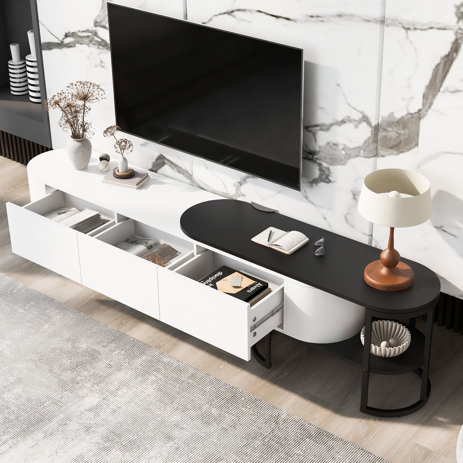 Modern Extendable TV Stand For TVs Up To 75&quot;, Entertainment Center Media Console With 3 Drawers, Metal Adjustable Legs For Living Room