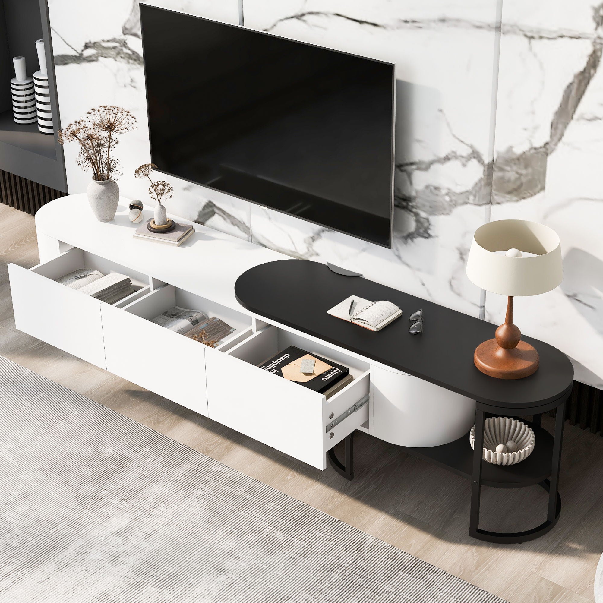 Modern Extendable TV Stand For TVs Up To 75&quot;, Entertainment Center Media Console With 3 Drawers, Metal Adjustable Legs For Living Room